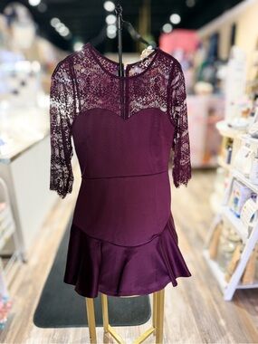 Lace Yoke Mini Dress in Deep Plum